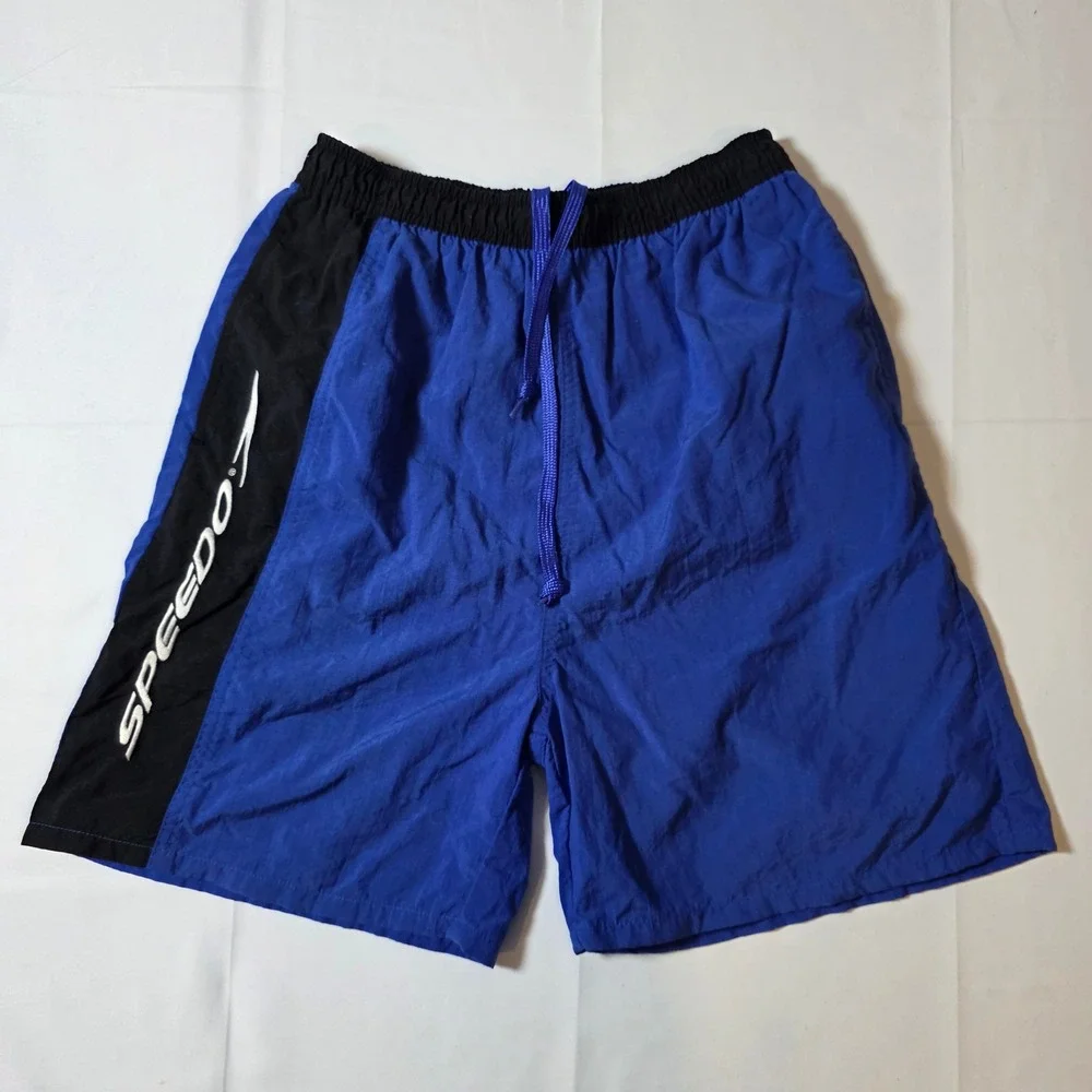 Speedo Kids‎ Blue Black Colorblock Swim Trunks Shorts Vintage L 14-16 RN54934